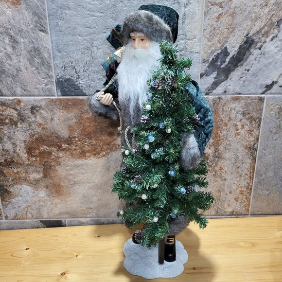 Santa Claus Figurine Ceramic Base Christmas Tree Sack of Gifts Blue Velvet Coat - Picture 11 of 13